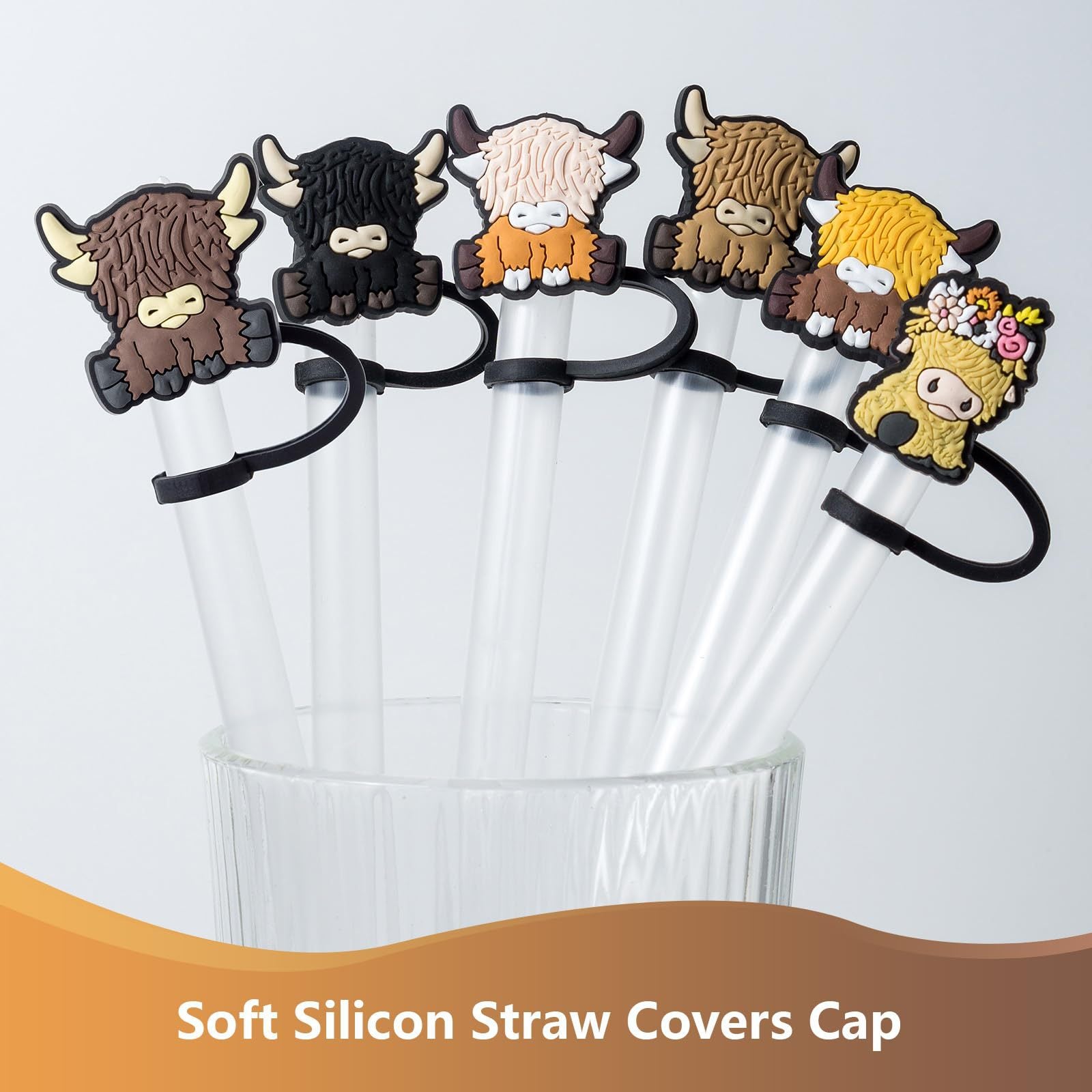 Wholesale 6pcs/pack Cartoon Highland Cow Party Dust Resistant Straw Set